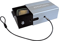 Strongbox consists of an anodised aluminium outer case, steel inner box with soft lining and a 75cm. steel wire cable.